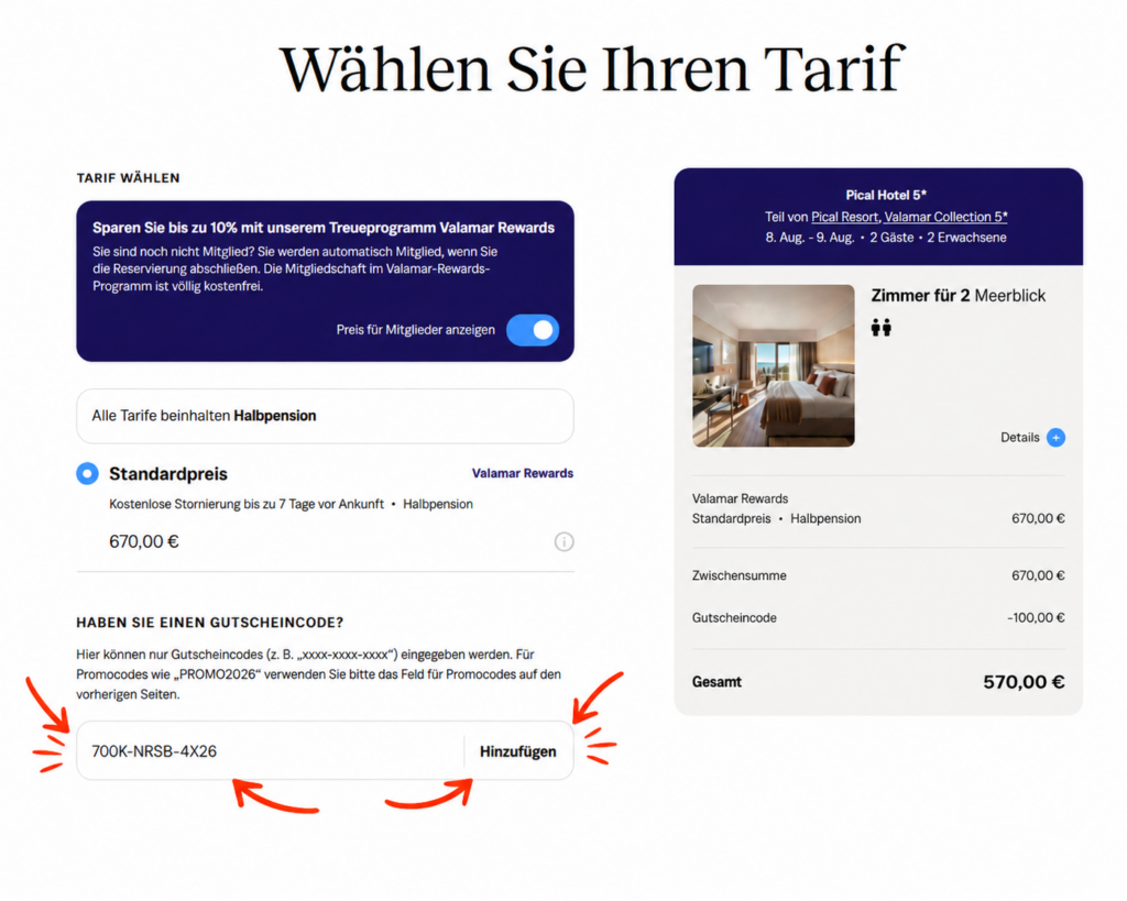 Valamar-Gutscheincode im letzten Buchungsschritt eingeben und hinzufügen