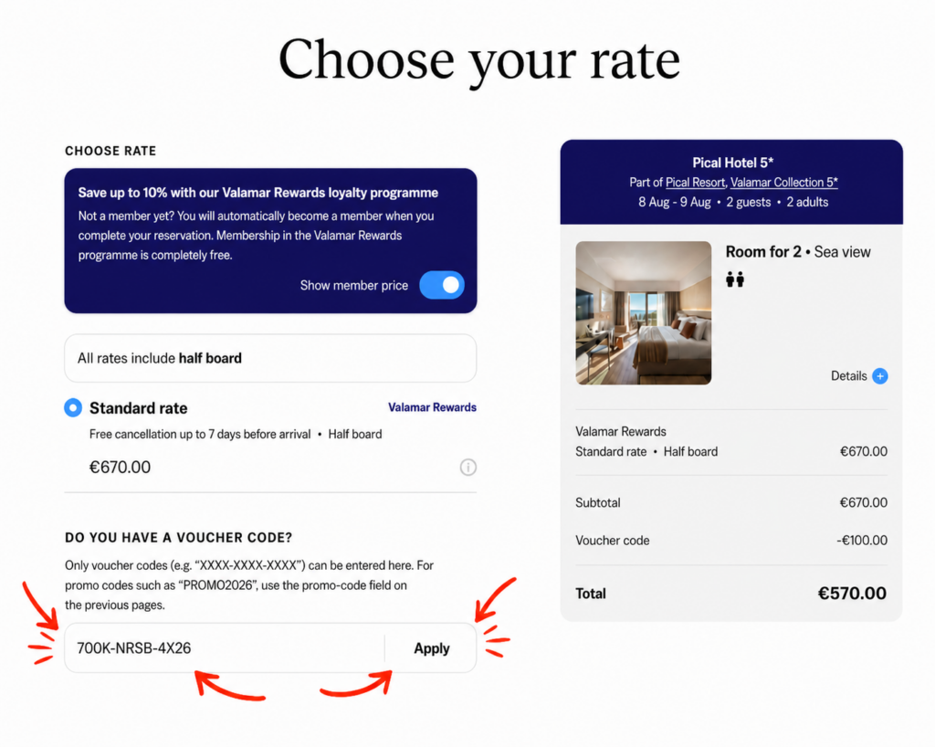 De Valamar-vouchercode invoeren en toepassen bij de laatste stap van het afrekenen